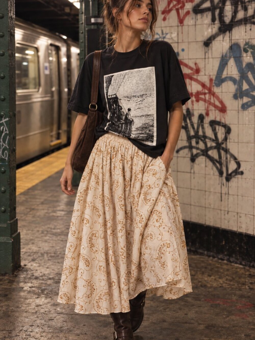 Vintage Alfred Sung Cream & Gold Pleated Skirt | Cotton Wool Blend